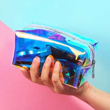 Boao 2 Pieces Iridescent Makeup Bag Glitter Makeup Bag Holographic Cosmetic Toiletry Bag Holo Bag Clear Pencil Pouch Waterproof Toiletry Organizer Case for Home Office Christmas Gift(Plain)