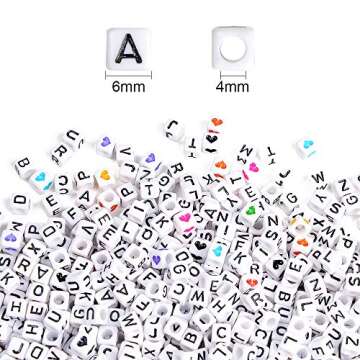 VICOVI 850+Pcs White Letter Beads A-Z Cube Acrylic Alphabet Beads for DIY Jewelry Making Bracelets Necklaces Include 30Pcs Black Heart Beads, 40Pcs Colorful Heart Beads & Elastic String(6mm)
