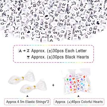 VICOVI 850+Pcs White Letter Beads A-Z Cube Acrylic Alphabet Beads for DIY Jewelry Making Bracelets Necklaces Include 30Pcs Black Heart Beads, 40Pcs Colorful Heart Beads & Elastic String(6mm)