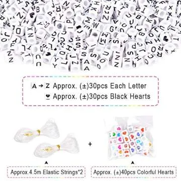 VICOVI 850+Pcs White Letter Beads A-Z Cube Acrylic Alphabet Beads for DIY Jewelry Making Bracelets Necklaces Include 30Pcs Black Heart Beads, 40Pcs Colorful Heart Beads & Elastic String(6mm)