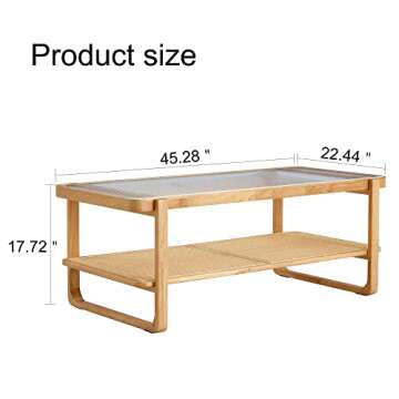Ganooly Mid Century Modern Coffee Table with Ribbed Glass Top and PE Rattan Storage Shelf, 45 Inch R...