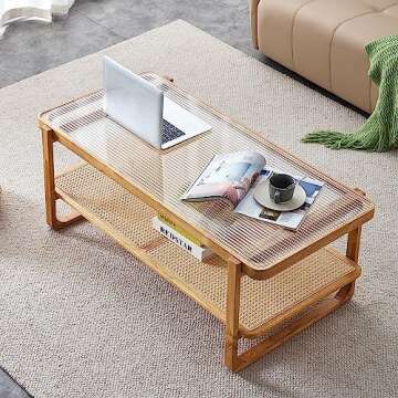 Ganooly Mid Century Modern Coffee Table with Ribbed Glass Top and PE Rattan Storage Shelf, 45 Inch Rectangular Solid Wood Boho Coffe Table, Unique Center Table for Livinig Room Apartment Small Space