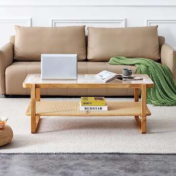 Ganooly Mid Century Modern Coffee Table with Ribbed Glass Top and PE Rattan Storage Shelf, 45 Inch Rectangular Solid Wood Boho Coffe Table, Unique Center Table for Livinig Room Apartment Small Space
