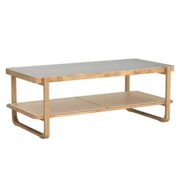 Ganooly Mid Century Modern Coffee Table with Ribbed Glass Top and PE Rattan Storage Shelf, 45 Inch Rectangular Solid Wood Boho Coffe Table, Unique Center Table for Livinig Room Apartment Small Space