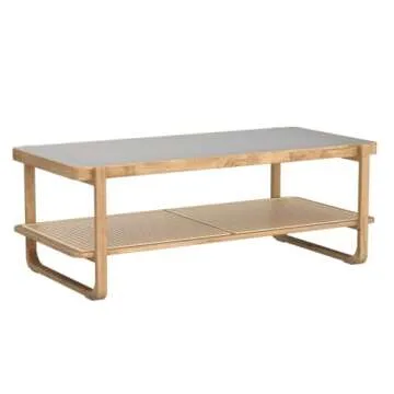 Ganooly Mid Century Modern Coffee Table with Ribbed Glass Top and PE Rattan Storage Shelf, 45 Inch Rectangular Solid Wood Boho Coffe Table, Unique Center Table for Livinig Room Apartment Small Space