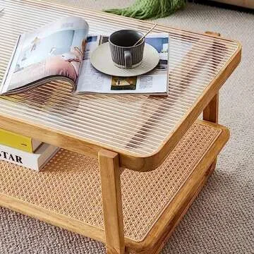 Ganooly Mid Century Modern Coffee Table with Ribbed Glass Top and PE Rattan Storage Shelf, 45 Inch Rectangular Solid Wood Boho Coffe Table, Unique Center Table for Livinig Room Apartment Small Space