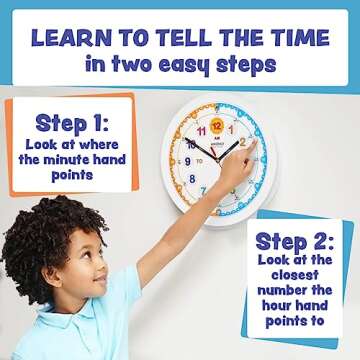 Amonev Time Teacher Clock Children Silent Wall Clock, Easy to Read Clock with Non Ticking Movement. Teach Children How to Read an Analogue Clock (White)