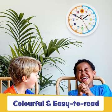 Amonev Time Teacher Clock Children Silent Wall Clock, Easy to Read Clock with Non Ticking Movement. Teach Children How to Read an Analogue Clock (White)