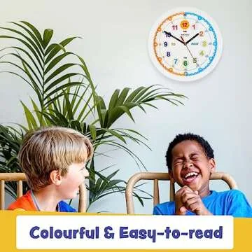 Amonev Time Teacher Clock Children Silent Wall Clock, Easy to Read Clock with Non Ticking Movement. Teach Children How to Read an Analogue Clock (White)