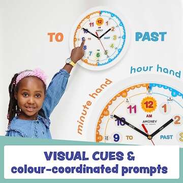 Amonev Time Teacher Clock Children Silent Wall Clock, Easy to Read Clock with Non Ticking Movement. Teach Children How to Read an Analogue Clock (White)