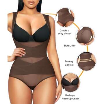 REYEOGO Shapewear Bodysuit for Women Tummy Control Butt Lifter Panty Hi-Waist Trainer Stomach Body Shaper Slimming Girdles(Chocolate Brown, Medium)