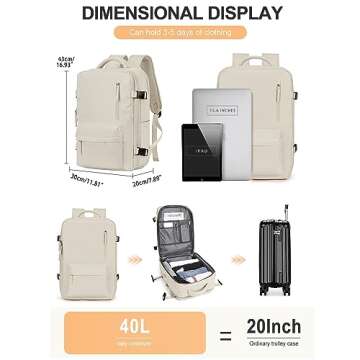 winspansy Large Travel Backpack for Women Men,Carry on Flight Approved Personal Item Size Work Backpack Mochila de Viaje with Shoe Compartment, Beige