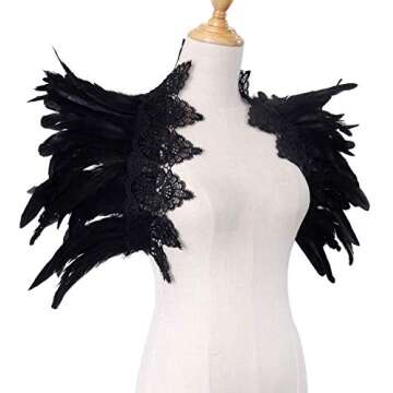 L'VOW Black Feather Shrug Cape Shoulder Wrap Lace Collar Halloween Costumes for Women (Black -001)