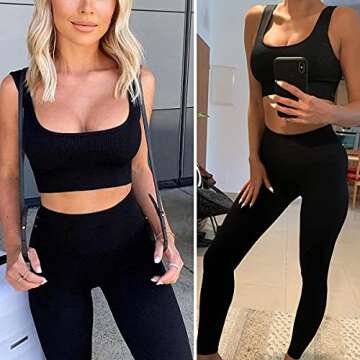 MATIRD Seamless Workout Set for Women 2 Piece Yoga Outfits Activewear Set Ribbed High Waist Leggings Sport Bra Tracksuits (Black M)