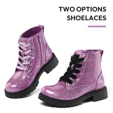 K KomForme Girls Glitter Ankle Boots Lace Up Waterproof Combat Shoes With Side Zipper for Toddler/Little Kid/Big Kid