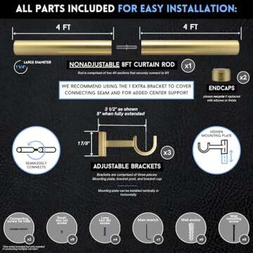 BlastHome® Luxury 8 ft Custom Curtain Rod – 1 1/4" Large Diameter – Premium Brackets & Endcaps – Nonadjustable Rods Connect for a Seamless Look – Brushed Gold Finish