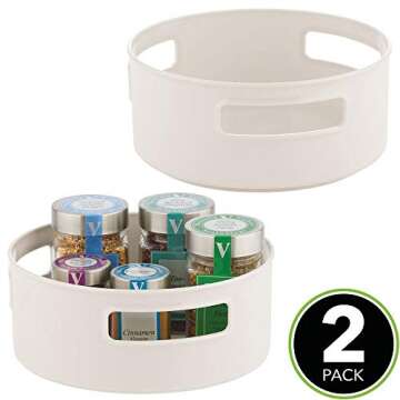 mDesign Deep Plastic Lazy Susan Turntable Food Storage Bin with Handles - Rotating Organizer for Kitchen Pantry, Cabinet, Cupboard, Refrigerator or Freezer - 2 Pack - Cream/Beige