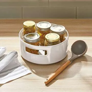 mDesign Deep Plastic Lazy Susan Turntable Food Storage Bin with Handles - Rotating Organizer for Kitchen Pantry, Cabinet, Cupboard, Refrigerator or Freezer - 2 Pack - Cream/Beige