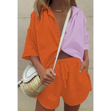 Fixmatti Women Summer 2 Piece Outfits Contrast Color Button Down Shirts and Shorts Sets Orange M