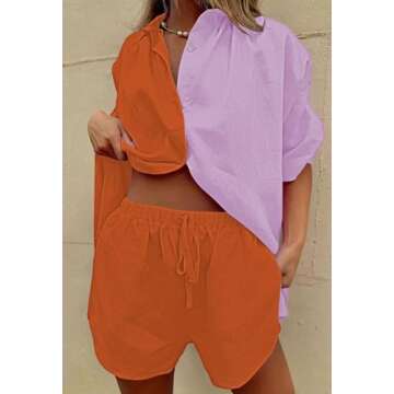 Fixmatti Women Summer 2 Piece Outfits Contrast Color Button Down Shirts and Shorts Sets Orange M
