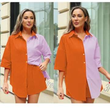 Fixmatti Women Summer 2 Piece Outfits Contrast Color Button Down Shirts and Shorts Sets Orange M