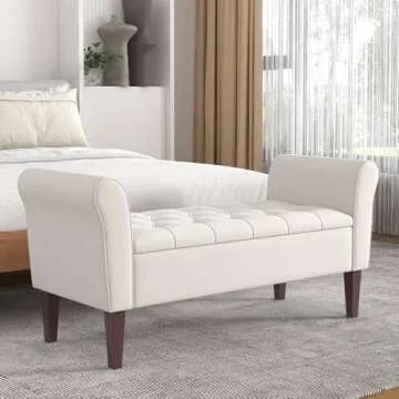 HUIMO 48" Arm Storage Ottoman with 7.5-inch Solid Wood Legs, Storage Bench, Upholstered Window Sitting Bench for Bedroom,End of Bed Bench Indoor, Livingroom, Entryway (Beige)