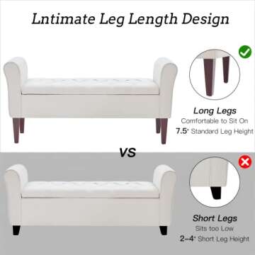 HUIMO 48" Arm Storage Ottoman with 7.5-inch Solid Wood Legs, Storage Bench, Upholstered Window Sitting Bench for Bedroom,End of Bed Bench Indoor, Livingroom, Entryway (Beige)