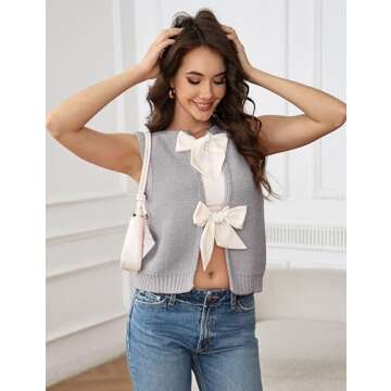 Lianlive Sweater Vest Top for Women Casual Crop Knit Cardigan Vest Bow Tie Back Knit Tank Tops (Gray-Small)