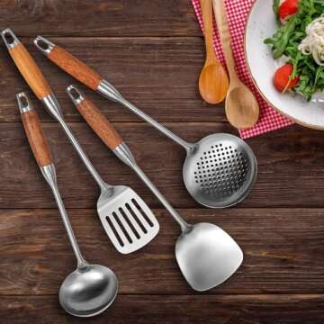 Stainless Steel Kitchen Utensil Set- 4 Pcs Cooking Cookware Set - 18/10 Stainless Steel Professional...