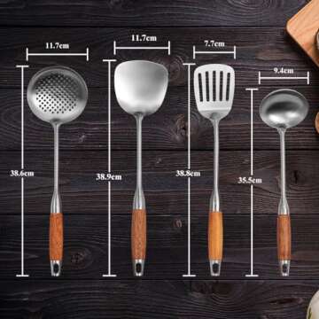 Stainless Steel Kitchen Utensil Set- 4 Pcs Cooking Cookware Set - 18/10 Stainless Steel Professional Wok Spatula Turner with Heat Resistant Wooden Hand