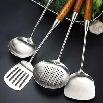 Stainless Steel Kitchen Utensil Set- 4 Pcs Cooking Cookware Set - 18/10 Stainless Steel Professional Wok Spatula Turner with Heat Resistant Wooden Hand