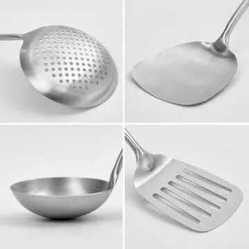 Stainless Steel Kitchen Utensil Set- 4 Pcs Cooking Cookware Set - 18/10 Stainless Steel Professional Wok Spatula Turner with Heat Resistant Wooden Hand
