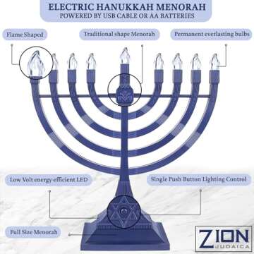 Zion Judaica Blue Electric Hanukkah Menorah LED Flameless Candles