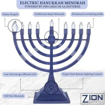 Zion Judaica Blue Electric Hanukkah Menorah LED Flameless Candles