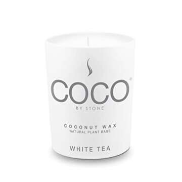 COCO by Stone 11oz Candle, Coconut Apricot Wax Candle for Home (White Tea) Home Fragrance Products, 1 Wick Candle, Enhance Indoor Aroma, Vegan & Cruelty-Free, Clean Burning and Hand Poured Candle