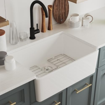 DeerValley White Farmhouse Kitchen Sink, 24 Inch Ceramic Apron -Front Farmhouse Deep Single Bowl, Fa...