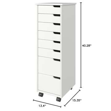 Adeptus Original Euro Roll Cart, Solid Wood, 6+2 Drawer Narrow Drawers Roll Carts, White