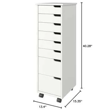 Adeptus Original Euro Roll Cart, Solid Wood, 6+2 Drawer Narrow Drawers Roll Carts, White