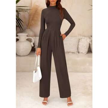PRETTYGARDEN Womens Jumpsuit Dressy Casual Spring Fall Fashion One Piece Outfits Long Sleeve Mock Neck Wide Leg Pants Rompers (Coffee,Small)