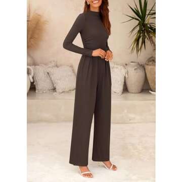 PRETTYGARDEN Womens Jumpsuit Dressy Casual Spring Fall Fashion One Piece Outfits Long Sleeve Mock Neck Wide Leg Pants Rompers (Coffee,Small)