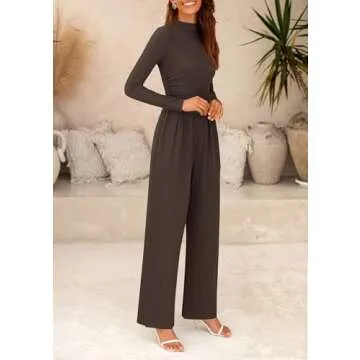 PRETTYGARDEN Womens Jumpsuit Dressy Casual Spring Fall Fashion One Piece Outfits Long Sleeve Mock Neck Wide Leg Pants Rompers (Coffee,Small)