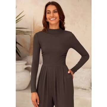 PRETTYGARDEN Womens Jumpsuit Dressy Casual Spring Fall Fashion One Piece Outfits Long Sleeve Mock Neck Wide Leg Pants Rompers (Coffee,Small)