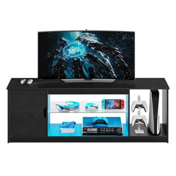 Bestier LED TV Stand for 55/60/65 Inch TV, Gaming Entertainment Center with Cabinet for PS5, Xbox,Modern TV Cabinet with Adjustable Glass Shelves for Living Room, Bedroom 57 Inch,Black