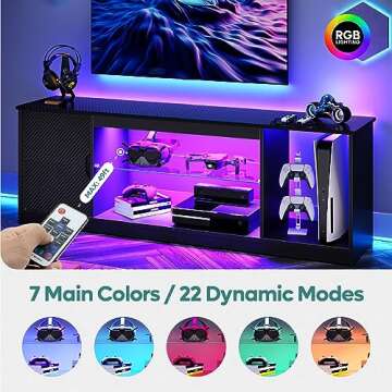Bestier LED TV Stand for 55/60/65 Inch TV, Gaming Entertainment Center with Cabinet for PS5, Xbox,Modern TV Cabinet with Adjustable Glass Shelves for Living Room, Bedroom 57 Inch,Black