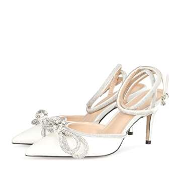 Arqa Women's Rhinestone Bow Heels Ankle Strap Slingback Pumps Satin Wedding Stiletto Dress High Heel Sandals White Size 8