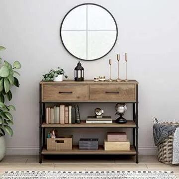 URKNO Console Table with Drawers, Rustic Hallway Table with Storage Shelves, Narrow Long Sofa Entryway Table for Living Room, Metal Frame, Rustic Brown