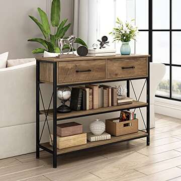 URKNO Console Table with Drawers, Rustic Hallway Table with Storage Shelves, Narrow Long Sofa Entryway Table for Living Room, Metal Frame, Rustic Brown