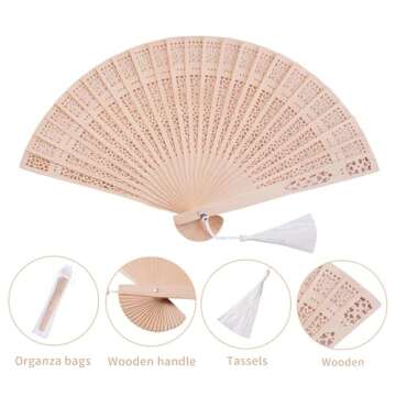 Sepwedd Set of 50pcs Sandalwood Fan Baby Shower Party Favors with Organza Bags and Tassels Wooden Folding Fan
