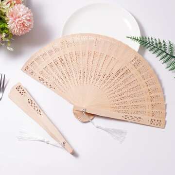 Sepwedd Set of 50pcs Sandalwood Fan Baby Shower Party Favors with Organza Bags and Tassels Wooden Folding Fan