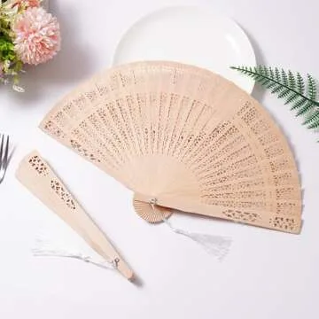 Sepwedd Set of 50pcs Sandalwood Fan Baby Shower Party Favors with Organza Bags and Tassels Wooden Folding Fan